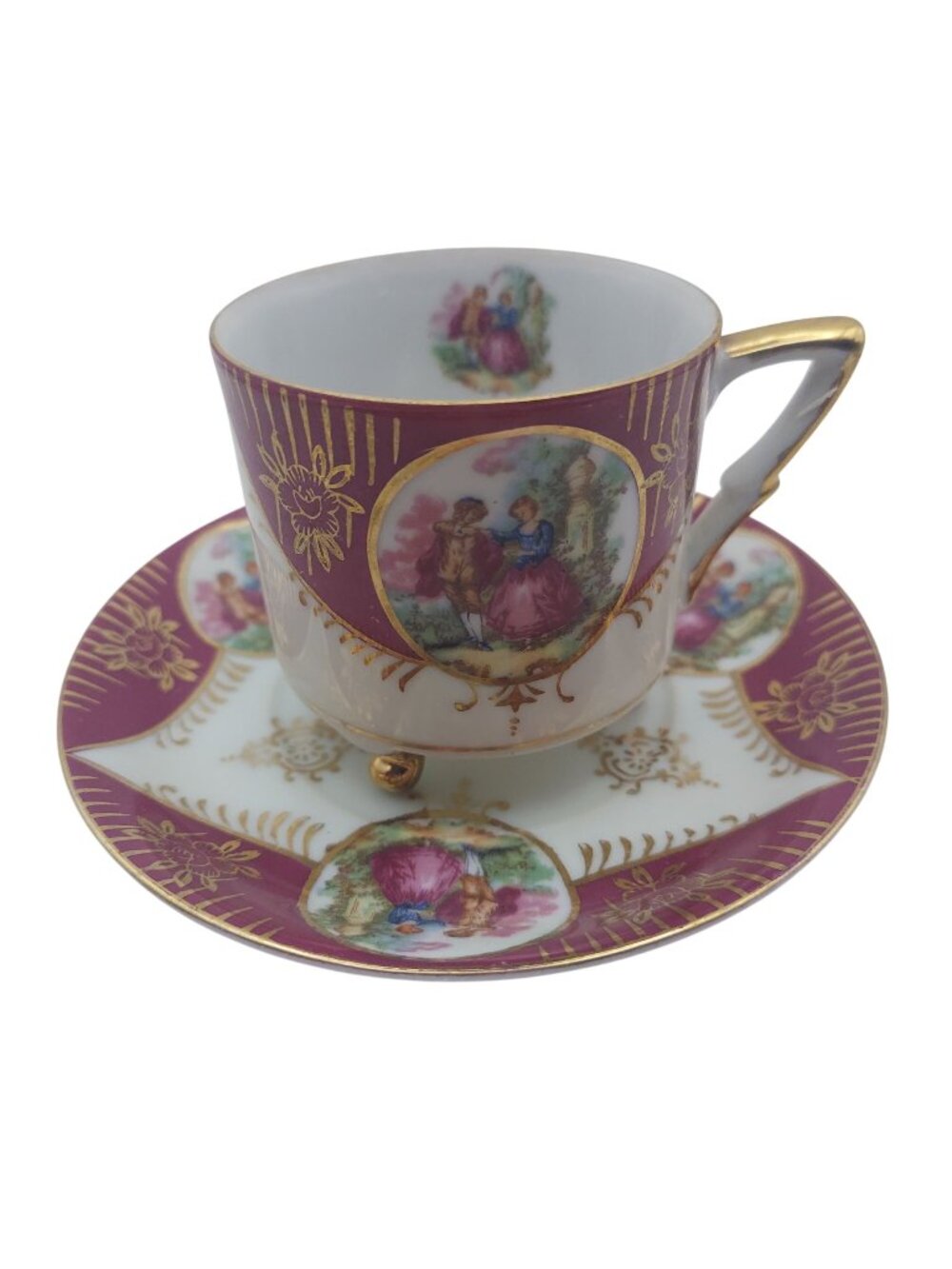 Royal Sealy Tea Cup Saucer Set Footed Courting Couple Gold Trim Japan Vintage